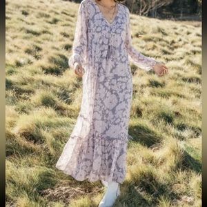 Lovestitch Pink Grey Floral Swiss Dot‎ Maxi Shift Dress Medium V Neck